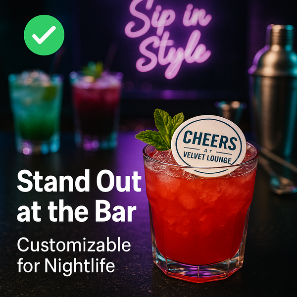 Alt-tag: *Vibrant red cocktail at Velvet Lounge with a custom edible drink topper reading “Cheers at Velvet Lounge,” garnished with mint, set against a stylish bar backdrop with neon “Sip in Style” sign and other colorful drinks blurred in the background.
