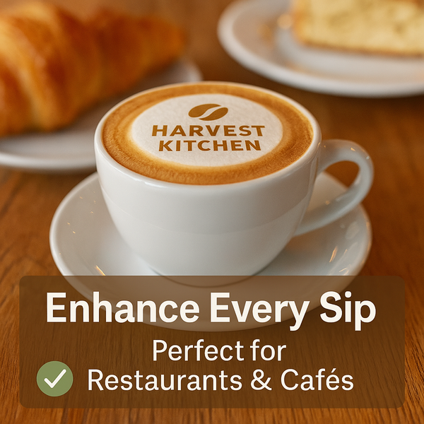 Cappuccino with a custom edible drink topper displaying the Harvest Kitchen logo and coffee bean graphic, served on a rustic wooden table with a croissant and dessert in the background, promoting personalized toppers for restaurants and cafés.
