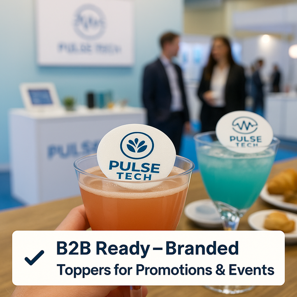 Branded cocktails with custom edible drink toppers featuring the Pulse Tech logo, displayed at a modern trade show booth with a blue and white color scheme, as business professionals engage in conversation in the background.