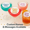Four colorful cocktails with personalized edible drink toppers displaying messages like “Happy 30th Sarah,” “Cheers, Mike,” and “Dirty Thirty, Jess,” set against a light background with subtle gold confetti, promoting customizable drink toppers for birthday parties.