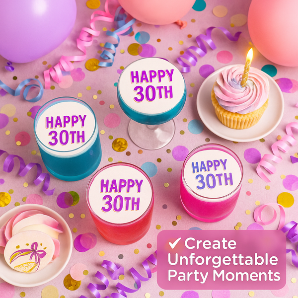 Decorations for a 30th birthday party with 'Happy 30th' stickers, balloons, and a cupcake.