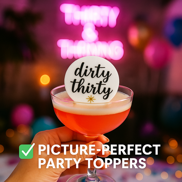 Cocktail with a 'dirty thirty' topper against a festive background with neon lights.
