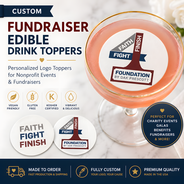 Custom Fundraiser Edible Drink Toppers | Personalized Logo Cocktail Garnishes for Nonprofit Events