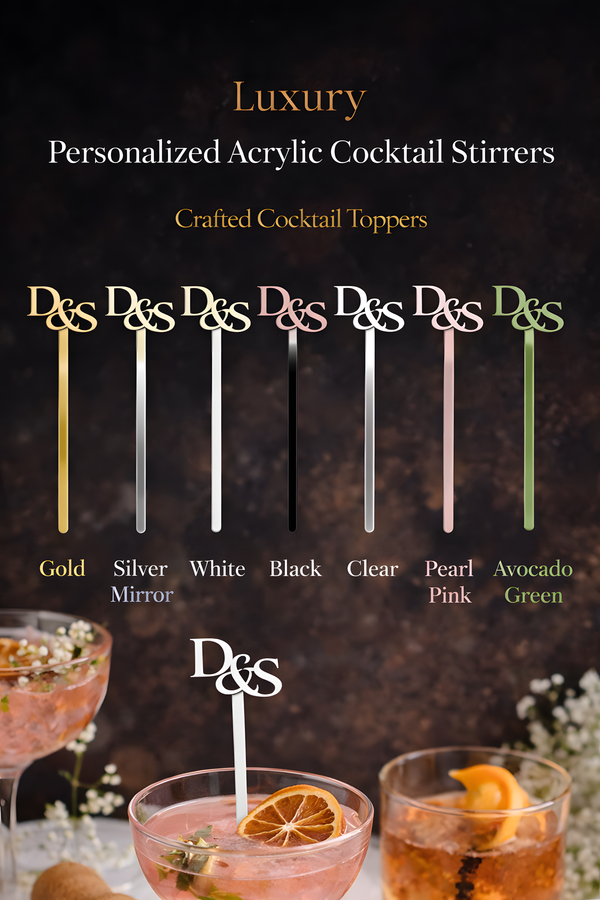 Set of personalized acrylic cocktail stirrers with various colors and a brand logo.