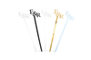 Five cocktail stir sticks with 'E&R' initials in different colors on a white background