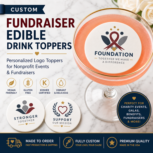 Custom fundraiser edible drink toppers hero image with cocktail and branded round toppers