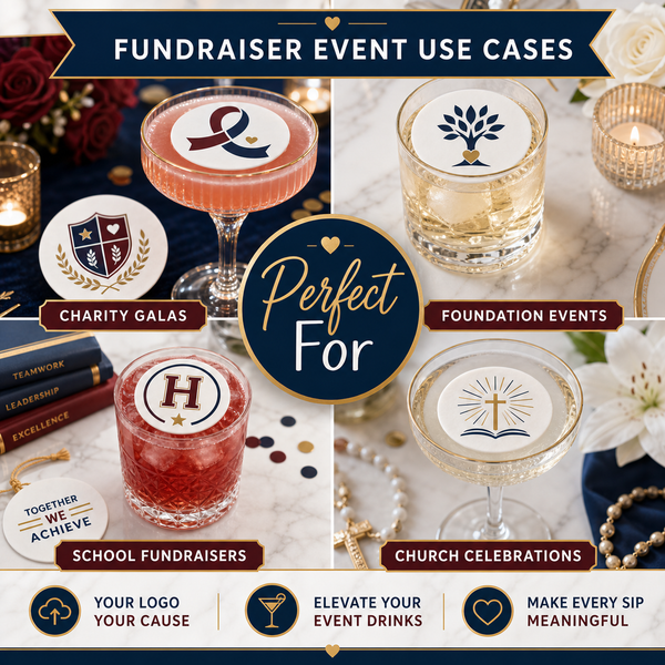 Fundraiser edible drink topper use cases for charity galas foundation events school fundraisers and church celebrations
