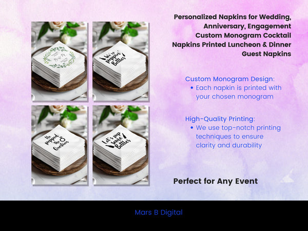 Personalized Napkins for Wedding, Anniversary, Engagement | Custom Monogram Cocktail Napkins | Printed Luncheon & Dinner Guest Napkins