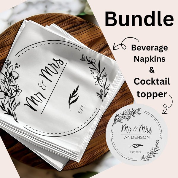 Custom Mr and Mrs Beverage Napkins & Edible Drink Toppers Bundle | Elegant Wedding Reception Decor | Personalized Party Supplies