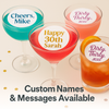 Four colorful cocktails with personalized edible drink toppers displaying messages like “Happy 30th Sarah,” “Cheers, Mike,” and “Dirty Thirty, Jess,” set against a light background with subtle gold confetti, promoting customizable drink toppers for birthday parties.