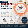 Custom fundraiser edible drink toppers hero image with cocktail and branded round toppers