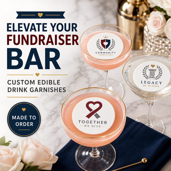 Elegant fundraiser event bar cocktails with custom edible drink toppers